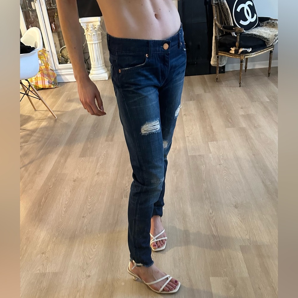 Maje Dark Wash Distressed low-waist skinny jeans